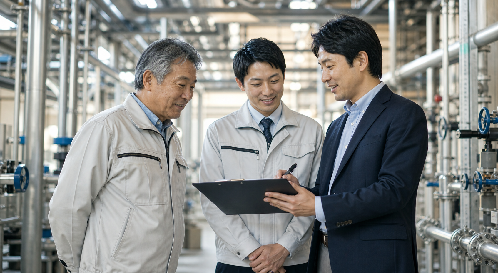 配管設備の現場で事業承継を相談する経営者とアドバイザー