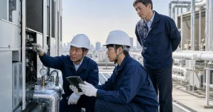 空調設備工事とメンテナンス会社のM&A後の引継ぎを確認する技術者のイメージ