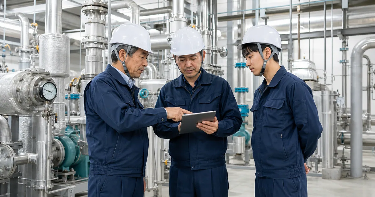 プラント配管会社のM&A後の連携を検討する技術者チームのイメージ