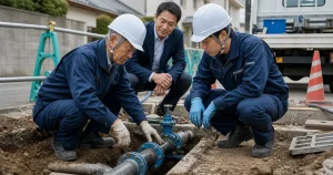 水道施設工事会社の事業承継を話し合う経営者と支援者のイメージ