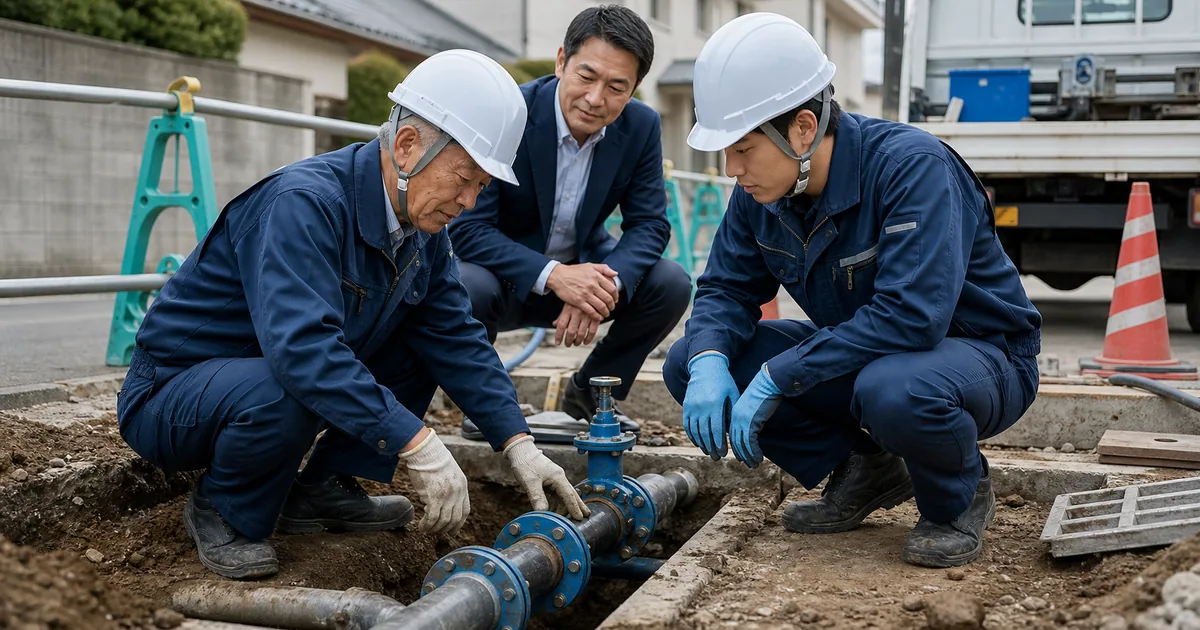 水道施設工事会社の事業承継を話し合う経営者と支援者のイメージ