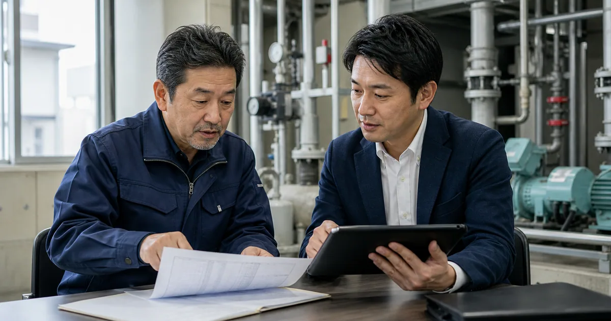 配管工事会社の企業価値評価について資料を確認する経営者とアドバイザーのイメージ
