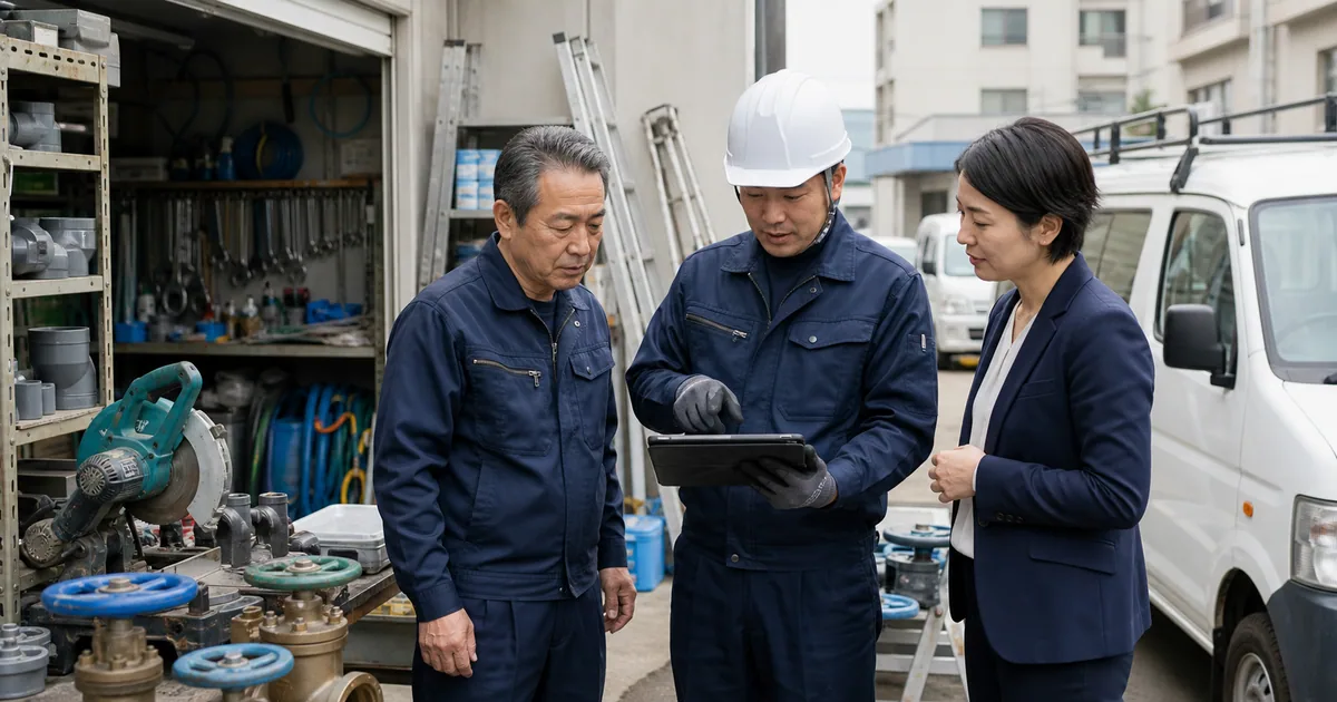 配管工事会社の売却準備とデューデリジェンス資料を確認する経営者のイメージ