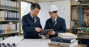 配管工事会社の建設業許可と指定工事店の資料を確認する技術者のイメージ