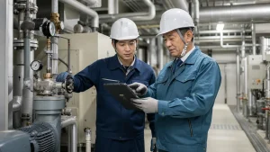 機械室で配管設備の保守履歴を確認する技術者