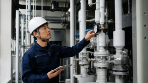 機械室の給排水・衛生配管を点検する配管技術者