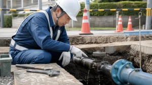 水道管の漏水箇所を点検する配管技術者